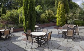 an outdoor patio with several tables and chairs , surrounded by tall trees and greenery , providing a serene atmosphere at Holiday Inn Telford - Ironbridge