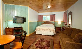 a cozy bedroom with a bed , a tv , and a rug on the floor , surrounded by wooden walls at Blue Hill Lodge