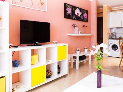 a small living room with a pink wall , a white cabinet , and a television mounted on the wall at Lanzarote