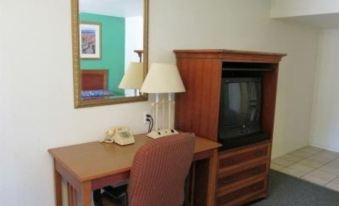 a hotel room with a bed , desk , chair , and a television mounted on the wall at Village Inn