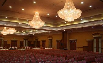 a large , well - lit conference room with multiple rows of chairs arranged in an orderly fashion at Slieve Russell Hotel