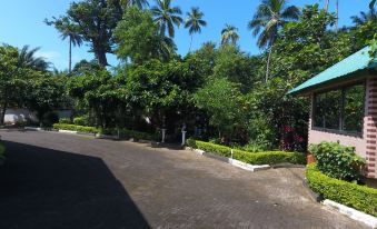 a paved driveway surrounded by trees and bushes , with a car parked in the driveway at Occasions