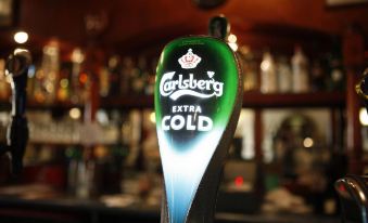 a close - up view of a carlsberg beer tap handle in a bar , with a green and white logo prominently displayed at Riverside Hotel