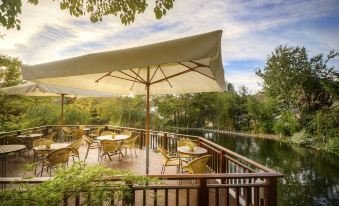 an outdoor dining area with several tables and chairs , surrounded by trees and a body of water at Hotel Germania