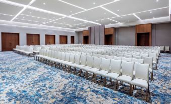 a large conference room with rows of white chairs arranged in a semicircle , and a blue carpet covering the floor at Gran Melia Arusha