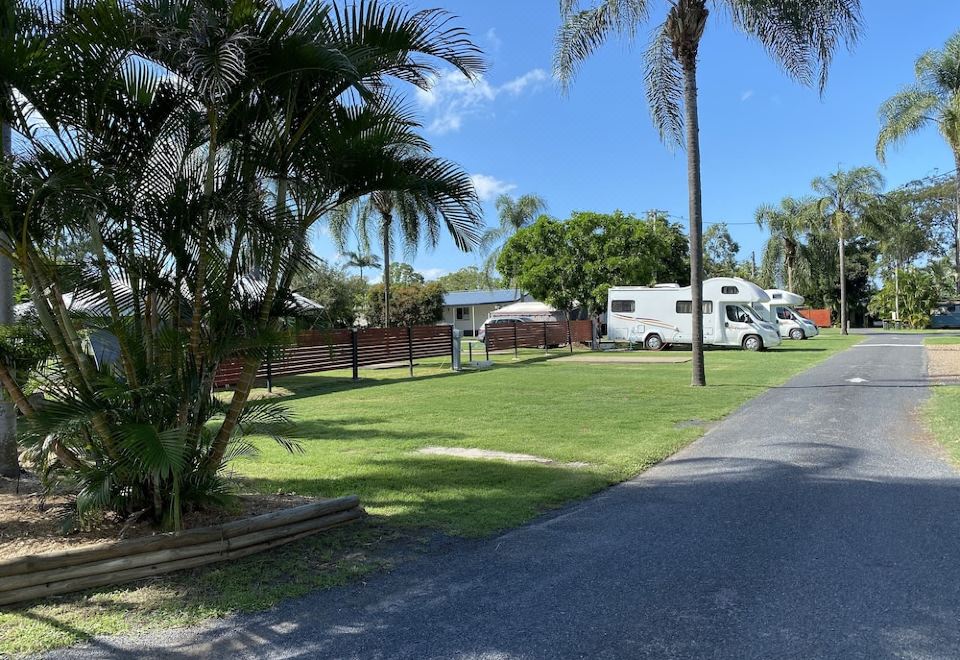 a palm tree - lined street with several rvs parked in front of a row of houses , under a clear blue sky at BIG4 Hervey Bay Holiday Park