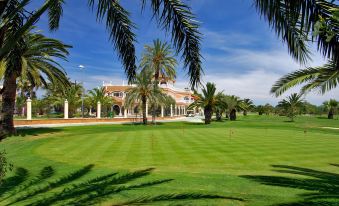 a large , green golf course with palm trees in the foreground and a building in the background at Oliva Nova Beach & Golf Hotel