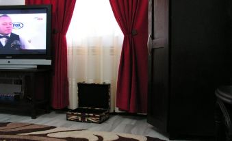 a room with a black tv set on a wooden stand , red curtains , and a brown patterned rug at Studio London