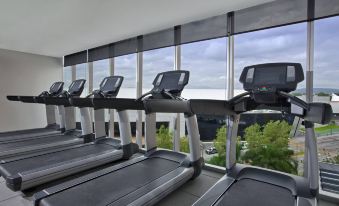 a large room filled with multiple treadmills and other exercise equipment , set against a backdrop of windows that offer a view of trees outside at The Westin Guadalajara