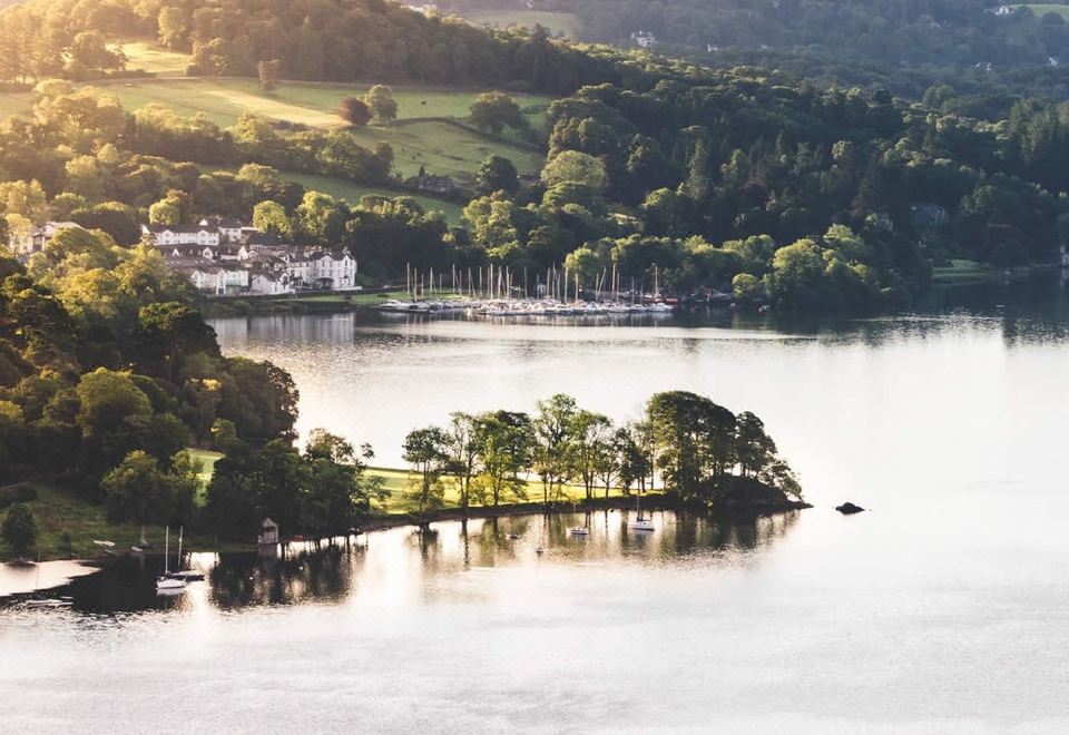 a serene lake surrounded by lush green trees , with a small island in the middle of the water at Low Wood Bay