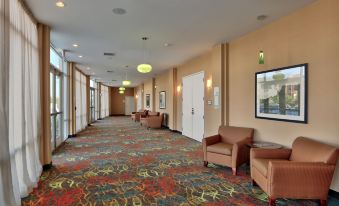 a hotel lobby with a carpeted floor and several chairs arranged in a seating area at Holiday Inn Roswell