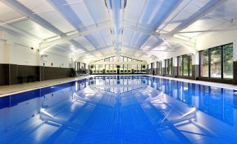 an indoor swimming pool with a blue tiled floor and white walls , surrounded by glass windows at Macdonald Hill Valley Hotel, Golf and Spa