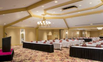 a large conference room with multiple rows of tables and chairs , a chandelier hanging from the ceiling , and a floral carpet at SureStay Plus Hotel by Best Western Lehigh Valley