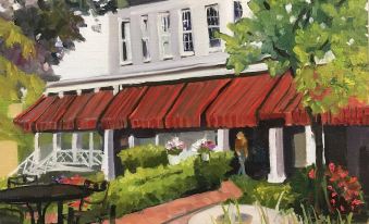 a painting of a red awning and porch with people sitting at tables outside , surrounded by greenery at The Brick Hotel
