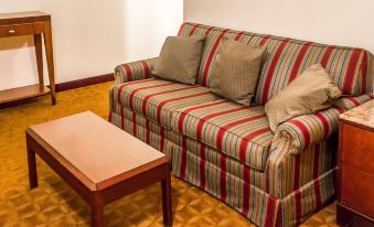 a striped couch with three pillows is placed next to a wooden table in a living room at Economy Inn & Suites