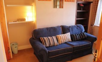 a blue couch with striped pillows is in a living room next to a bookshelf at The Loft