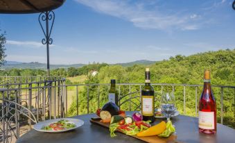 a table with wine and a plate of food on it is set up on a balcony overlooking a valley at Arco