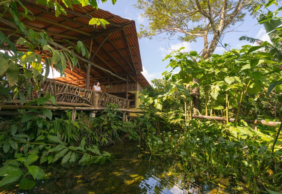 a man is standing on a wooden deck overlooking a body of water surrounded by lush greenery at La Tigra Rainforest Lodge