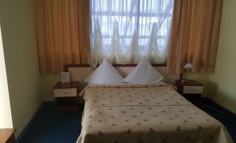 a hotel room with two beds , one on the left and one on the right side of the room at Mayak