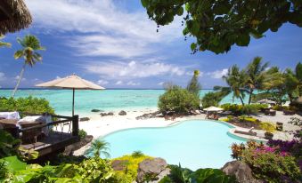 a beautiful swimming pool surrounded by lush greenery and tropical plants , with the ocean visible in the background at Small Luxury Hotels of the World - Pacific Resort Aitutaki