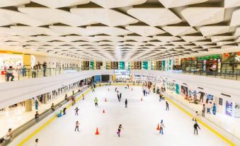 a large indoor ice skating rink filled with people of all ages , including children , and some skaters enjoying their time on the ice at Venice Resort