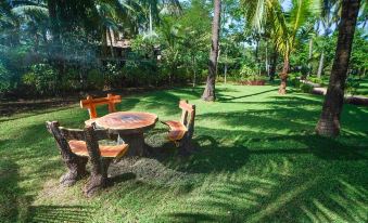 a lush green lawn with a picnic table surrounded by benches , creating a pleasant outdoor setting at Sunny Villa