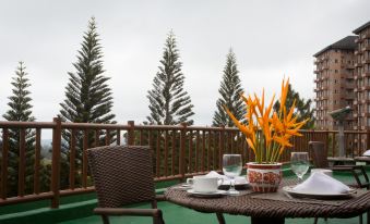 a table with a vase of flowers and a cup on it , set on a balcony overlooking trees at Canyon Woods Resort Club