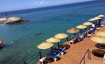 a wooden deck overlooking the ocean , with several lounge chairs and umbrellas spread across the deck at Manolya Hotel