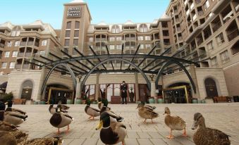 a group of ducks and ducks in a courtyard with a building in the background at Hotel Grand Pacific