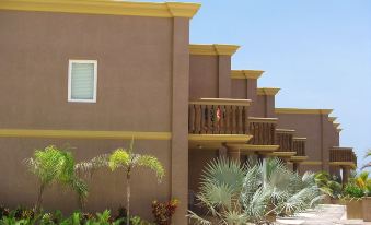 a brown building with yellow accents and a balcony is surrounded by palm trees and other greenery at Kings Point