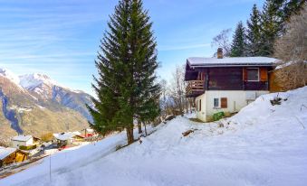 a snow - covered hillside with a house nestled in the valley , surrounded by trees and mountains at Chalet Ninette