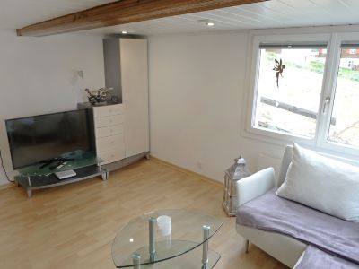 a modern living room with wooden floors , white walls , and a large flat - screen tv mounted on the wall at Marilyn Visperterminen