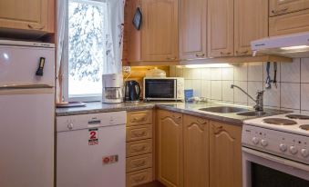 a small , well - equipped kitchen with wooden cabinets and appliances , including a microwave , dishwasher , oven , and refrigerator at Kuikka