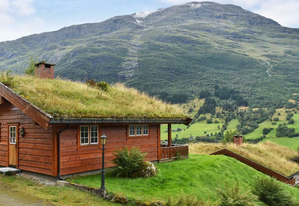a wooden cabin with a green roof is nestled in a mountainous area , surrounded by greenery and tall grasses at Olden