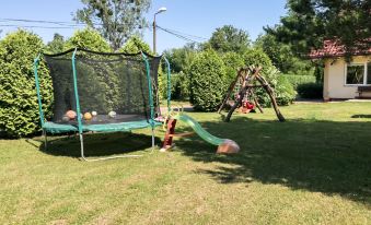 a backyard with a trampoline , swing set , and two children playing on the slide , surrounded by green grass at Kosmik