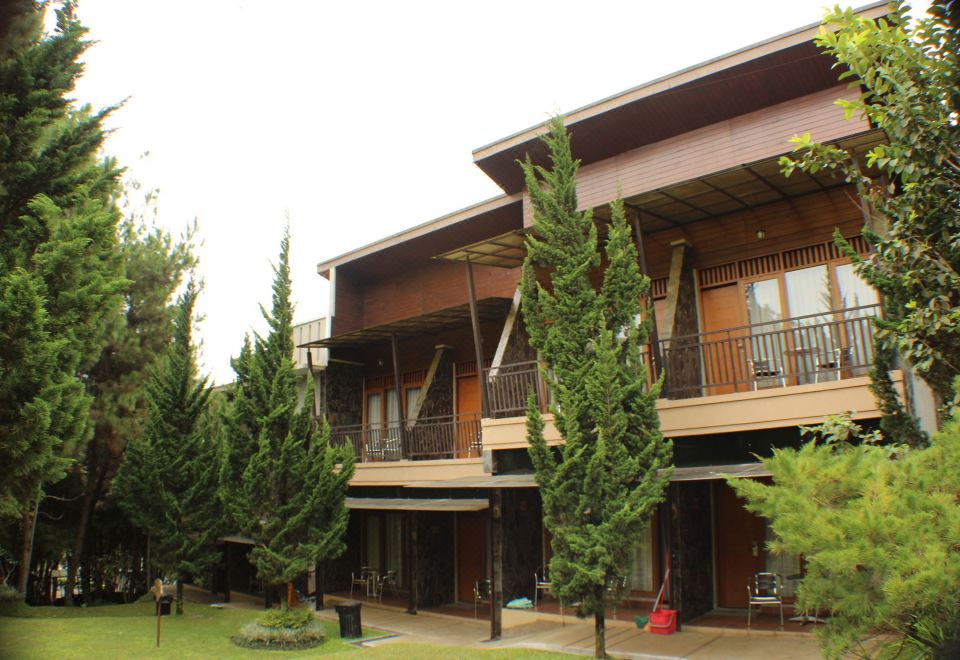 a wooden house surrounded by trees , with a walkway leading up to the front door at Horison Green Forest Bandung