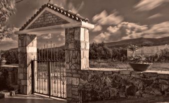 a black and white photo of a stone gate with a wrought iron gate in front of a house at Olive Tree