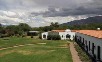 a white building surrounded by a lush green field , with mountains in the background and clouds overhead at Patios de Cafayate