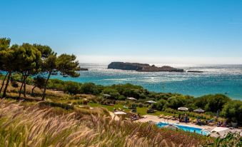 a beautiful view of the ocean and surrounding landscape , with a pool surrounded by tall grass and trees at Martinhal Sagres Beach Family Resort Hotel