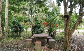 a garden with a table and chairs surrounded by trees and plants , creating a peaceful outdoor setting at Chanthaburi Garden Hotel