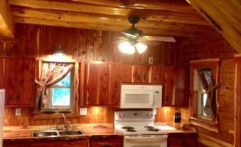 a kitchen with wooden walls and a ceiling fan , featuring a white stove and refrigerator at Diamond Lake Cabins