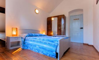 a bedroom with a blue bed and a wooden floor , featuring a closet and two doors at Casa Alta