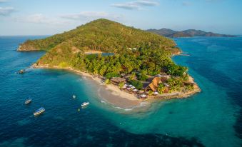 an aerial view of a small island surrounded by clear blue water , with a beach and several boats in the distance at Castaway Island Fiji