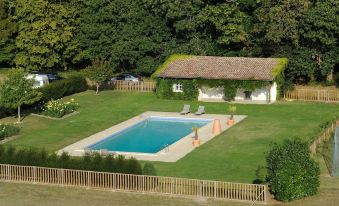a large swimming pool surrounded by green grass and trees , with a wooden house in the background at Chateau de la Bourdaisiere