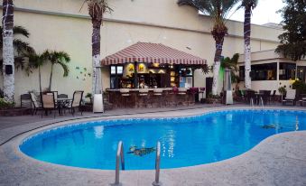 an outdoor pool surrounded by palm trees , with a bar nearby and a fountain nearby at Hotel San Sebastian