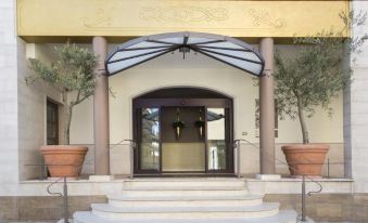 a set of stairs leads up to a doorway with a glass roof and two potted plants on either side at Hotel Cavaliere