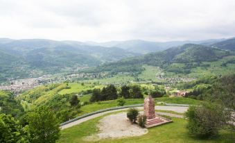 a rural landscape with a small village nestled in the mountains , surrounded by green fields and trees at Hotel Panorama