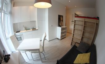 a modern apartment with a white dining table , black chair , and bookshelves in the living room at Downtown Apartments