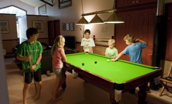 a group of children gathered around a green pool table , playing a game of billiards at Bilpin Country Lodge