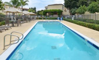 a swimming pool with clear blue water , surrounded by umbrellas and chairs , in a sunny outdoor setting at Residence Inn Palo Alto Los Altos
